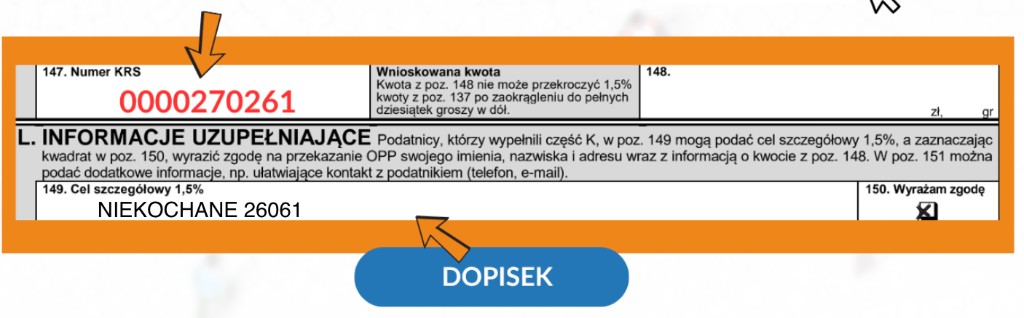 Fragment formularza PIT: pole 147 Numer KRS (0000270261) oraz pole 149 Cel szczegółowy 1,5% (NIEKOCHANE 26061)